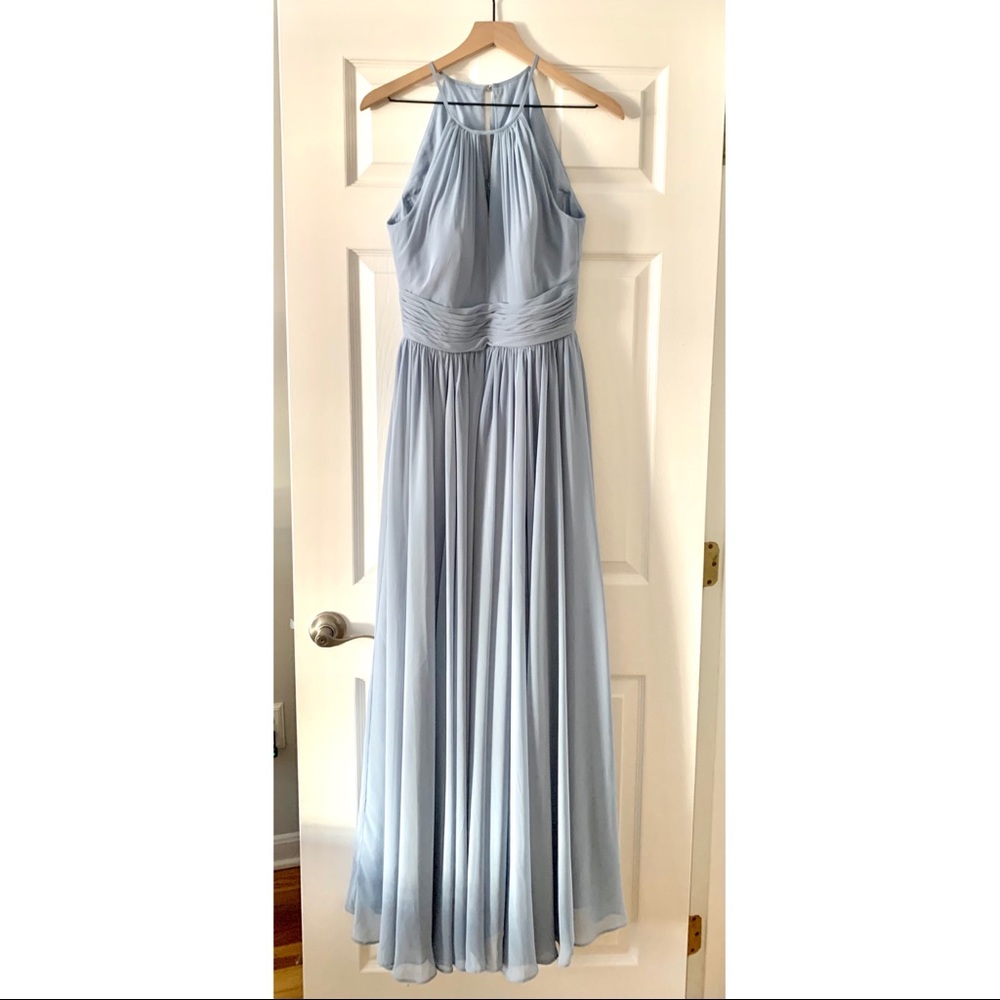 Dusty blue Azazie “Cherish” dress. Custom size and hem to fit 5’7” / 140